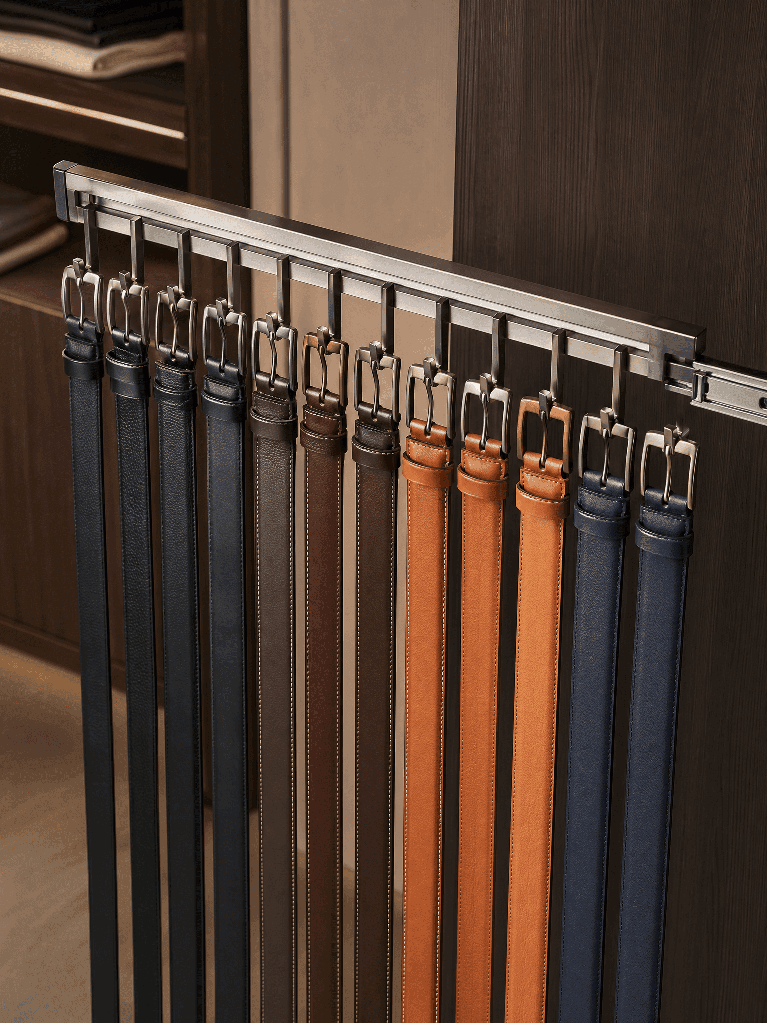 Sleek pull-out belt rack for organized storage of accessories