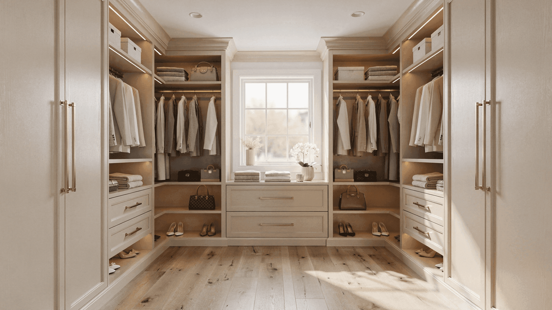Luxury custom walk-in closet designed and installed by Cumming Closets