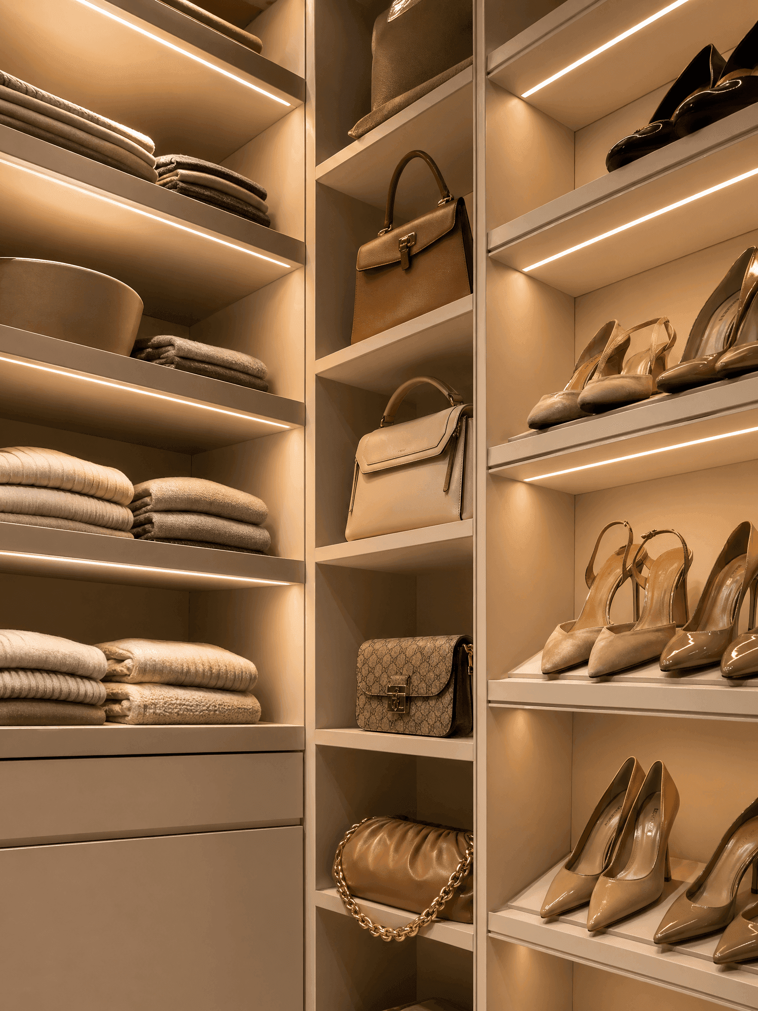 Beautifully lit custom closet shelving with integrated LED lighting