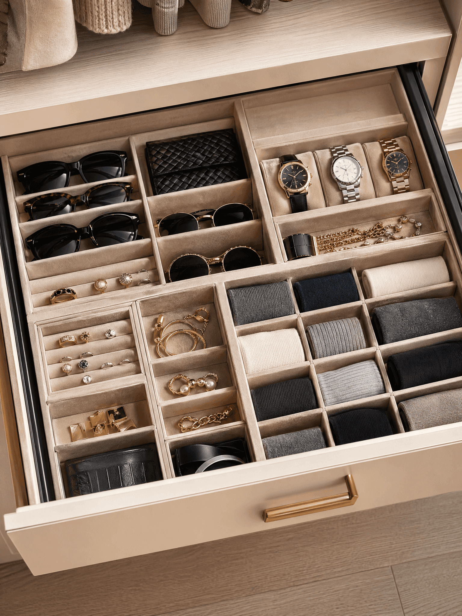 Custom-fitted drawer organizers for accessories and smaller wardrobe items