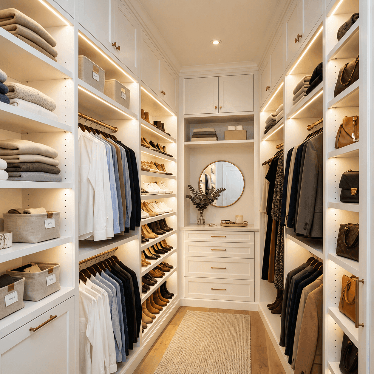 Custom walk-in closet designed by Cumming Closets