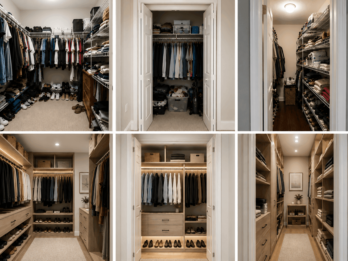 Split screen before and after of a closet