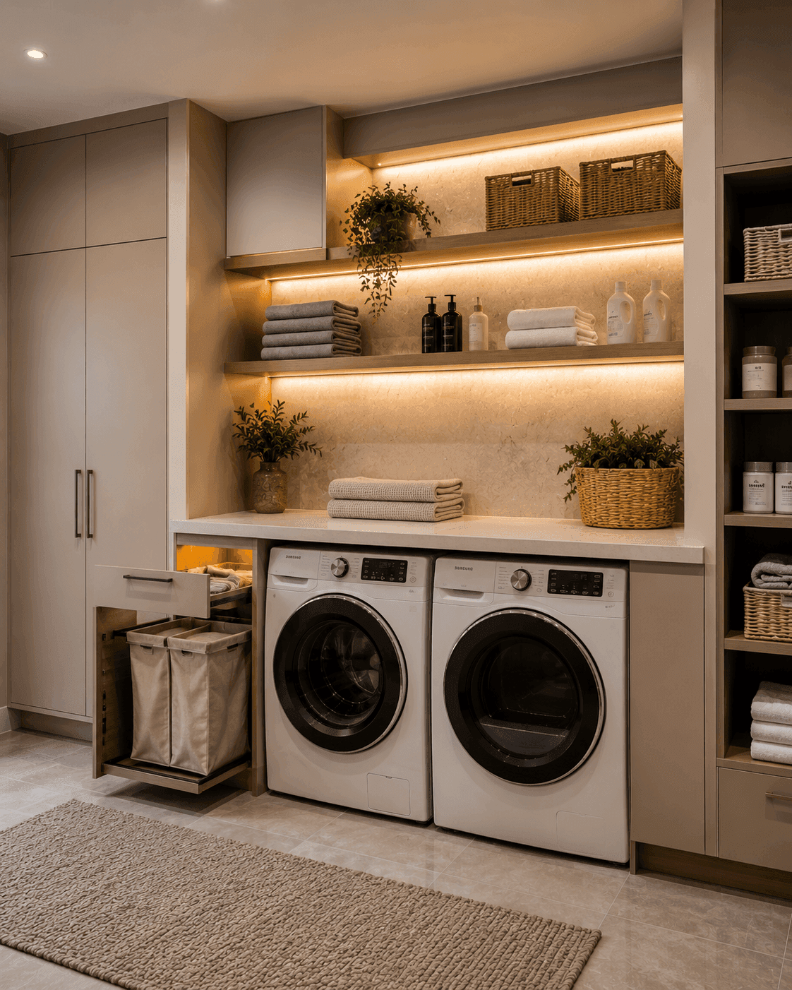Custom laundry room with built-in cabinets and folding counter