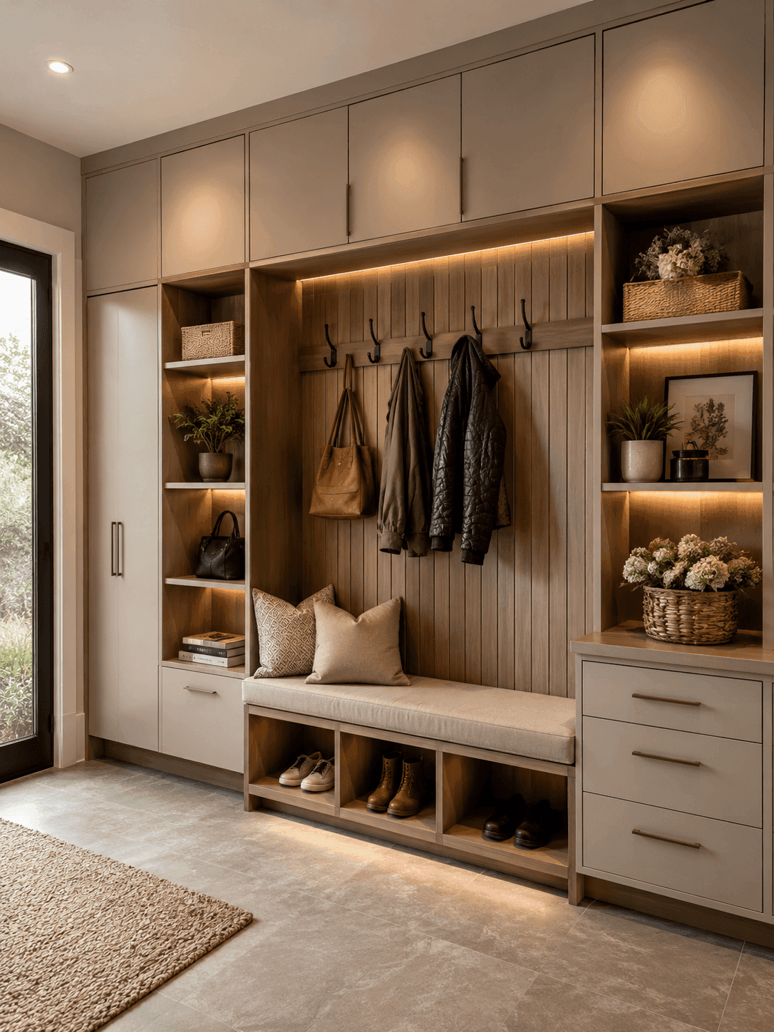 Organized mudroom with bench, hooks and shoe storage