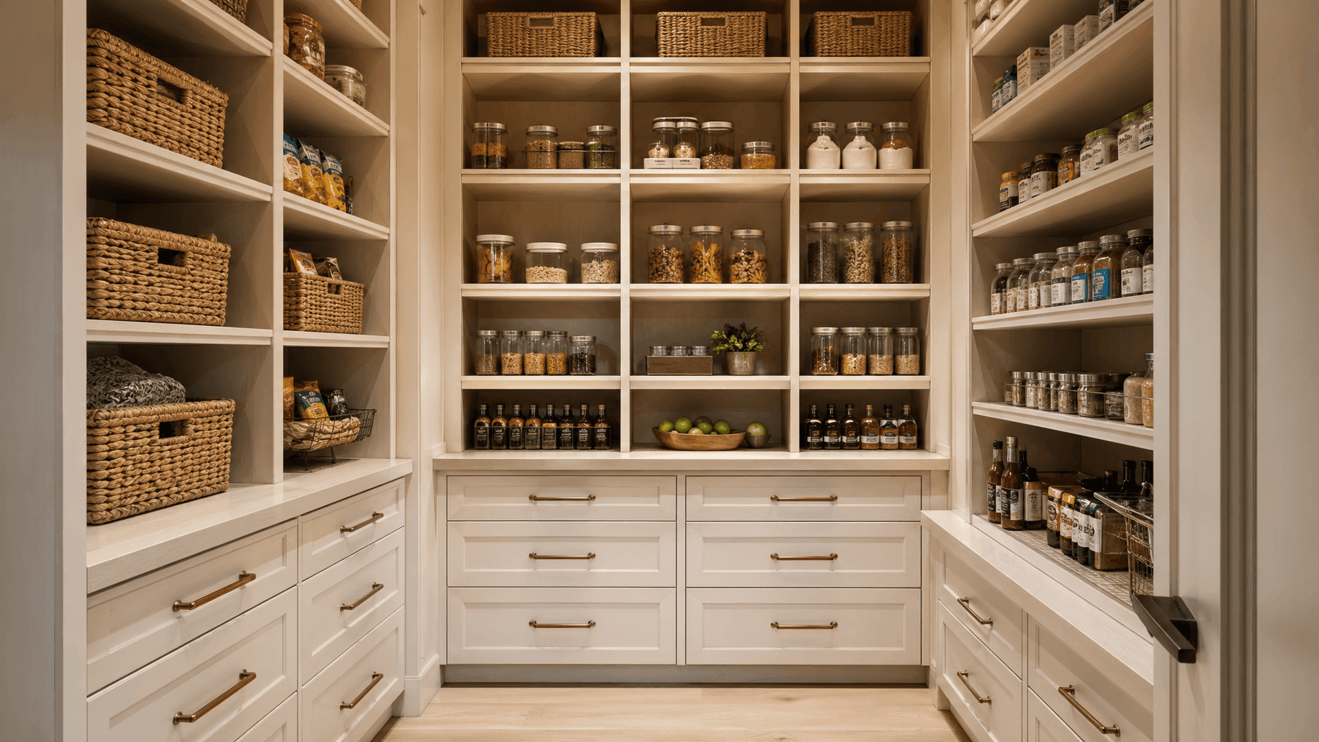 Organized walk-in pantry with snacks
