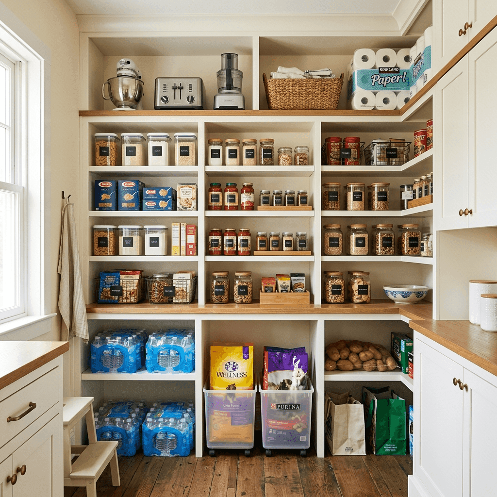 Custom pantry with clear vertical zoning — heavy items on bottom shelves, daily essentials at eye level, and bulk goods on top