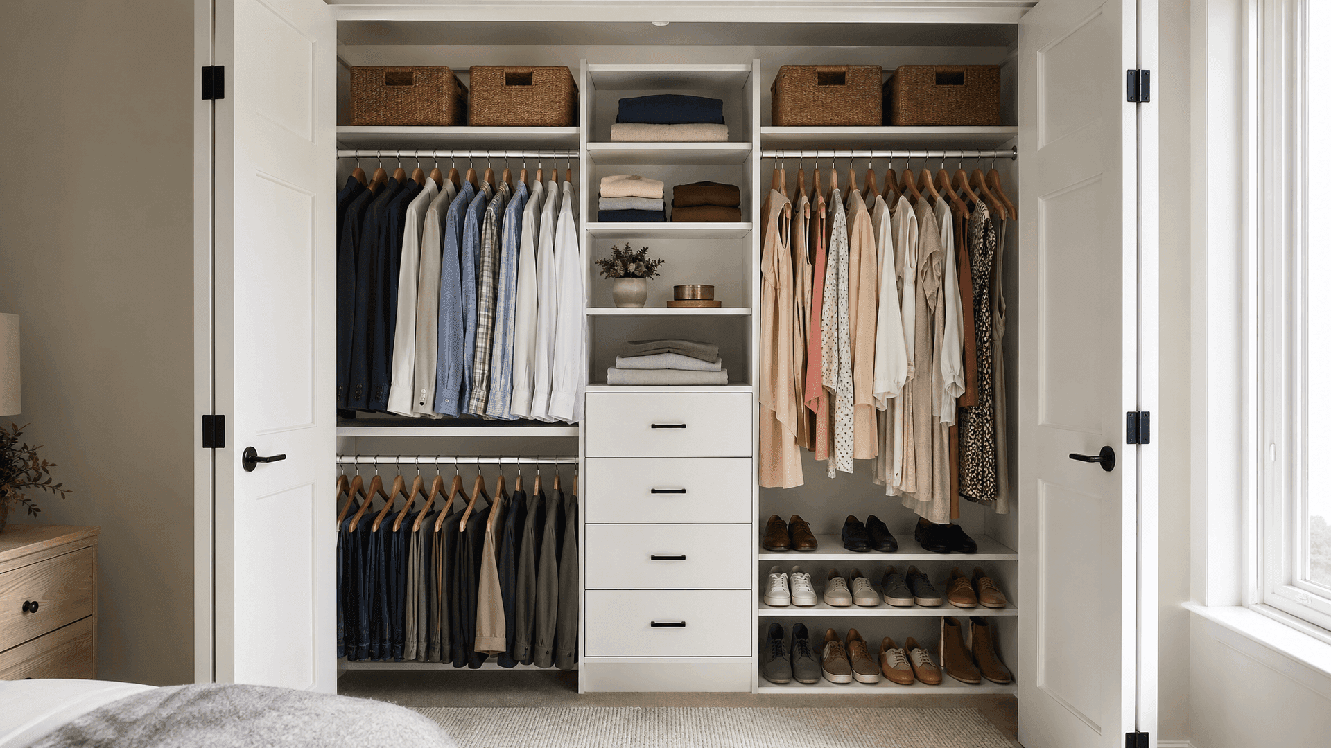 Organized reach-in closet with double hanging