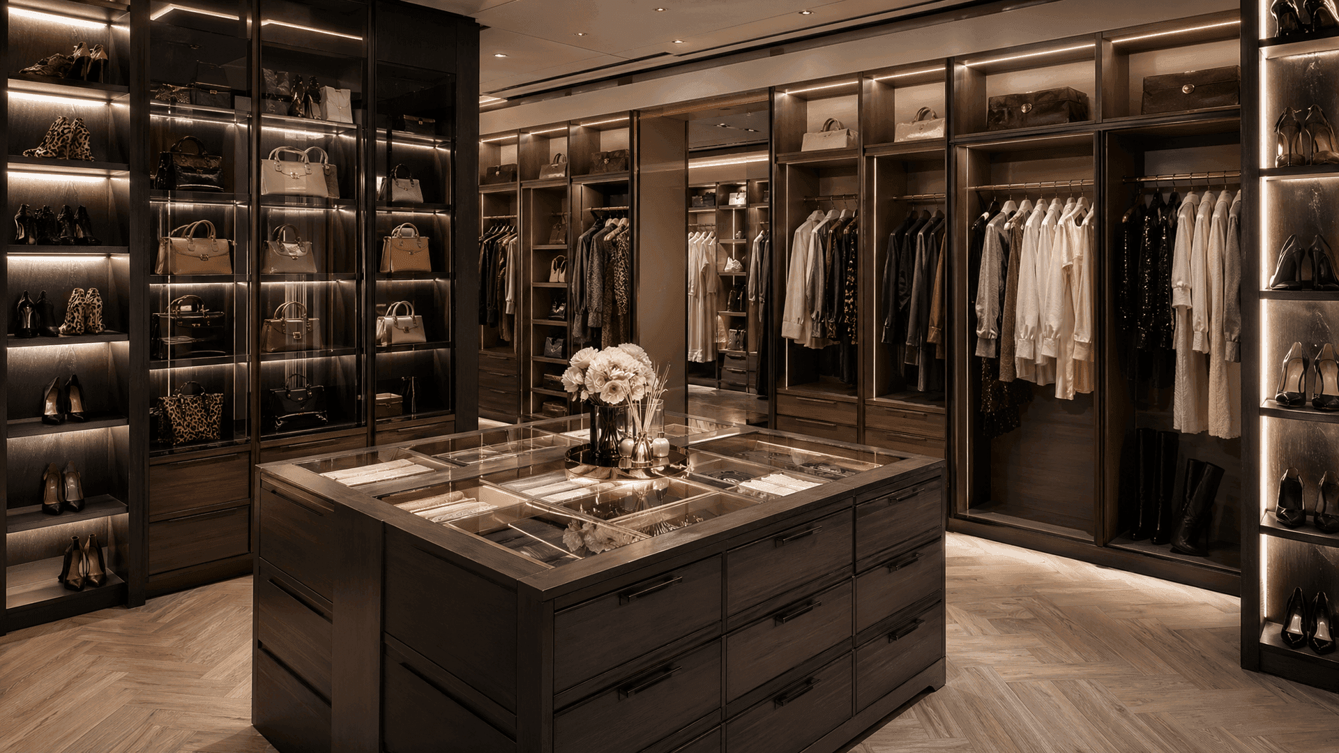 Luxurious walk-in closet with island and chandelier