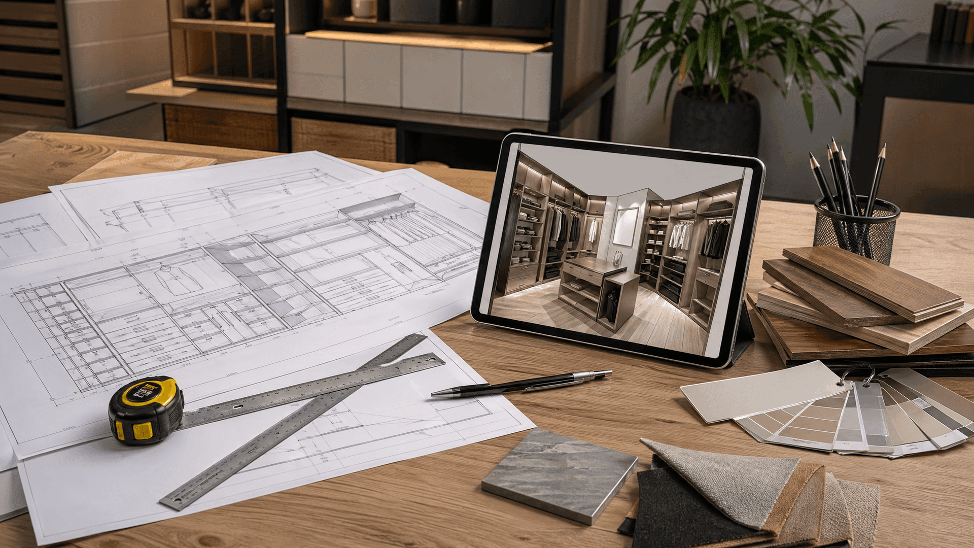 Designer showing 3D rendering to client