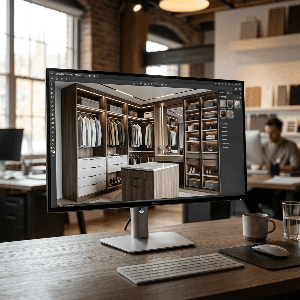 3D custom closet design rendering on a studio monitor