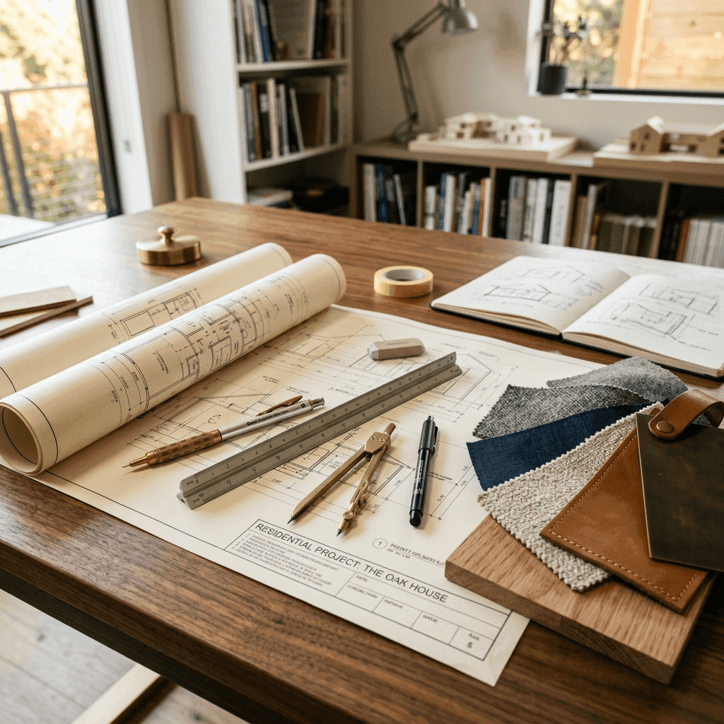 Cumming Closets design tools and blueprints on a studio table