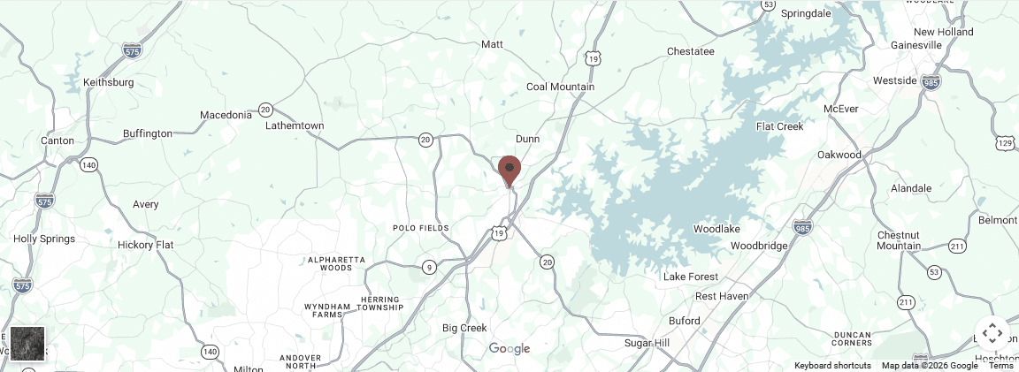 Map showing Cumming Closets service area — Cumming, GA and surrounding North Georgia