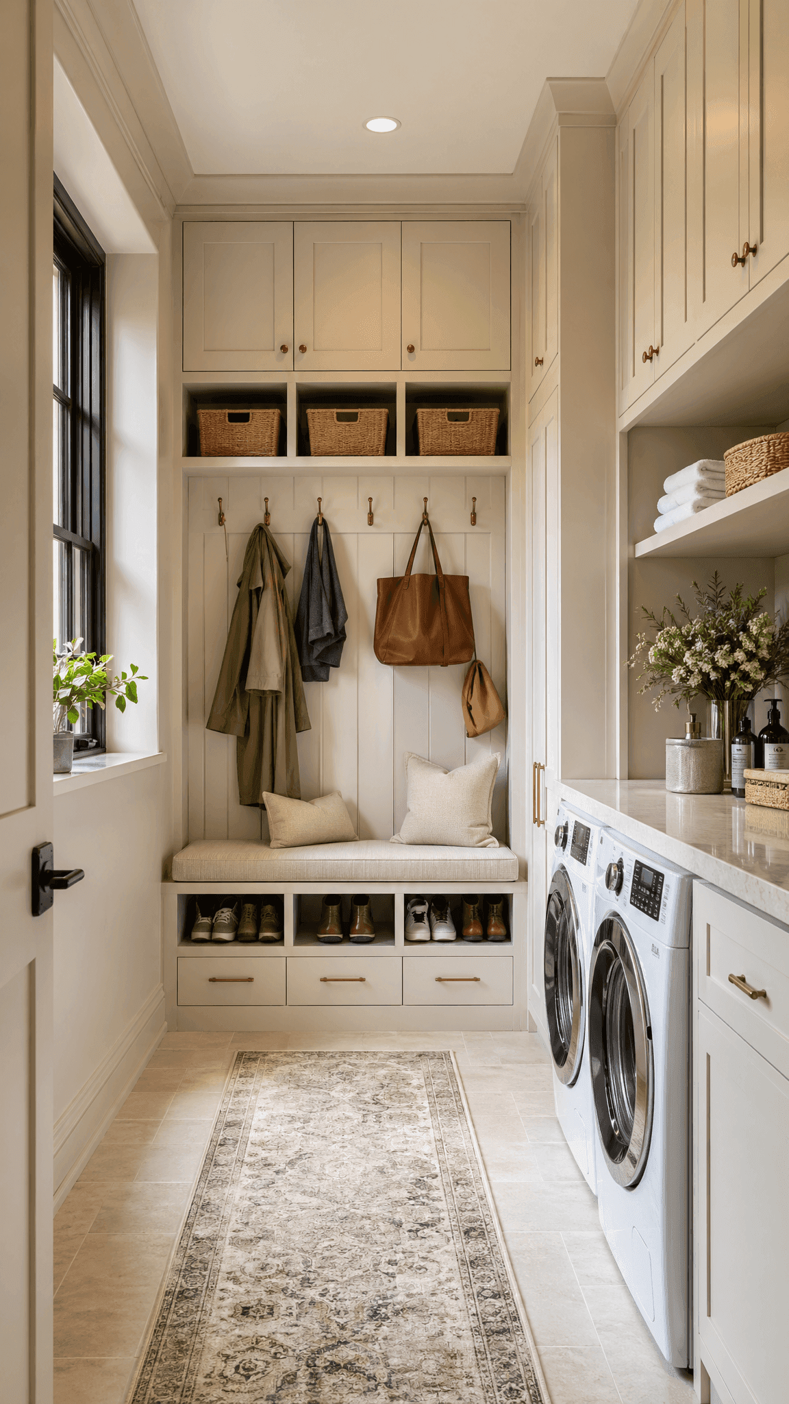 Laundry and mudroom storage with built-in bench by Cumming Closets