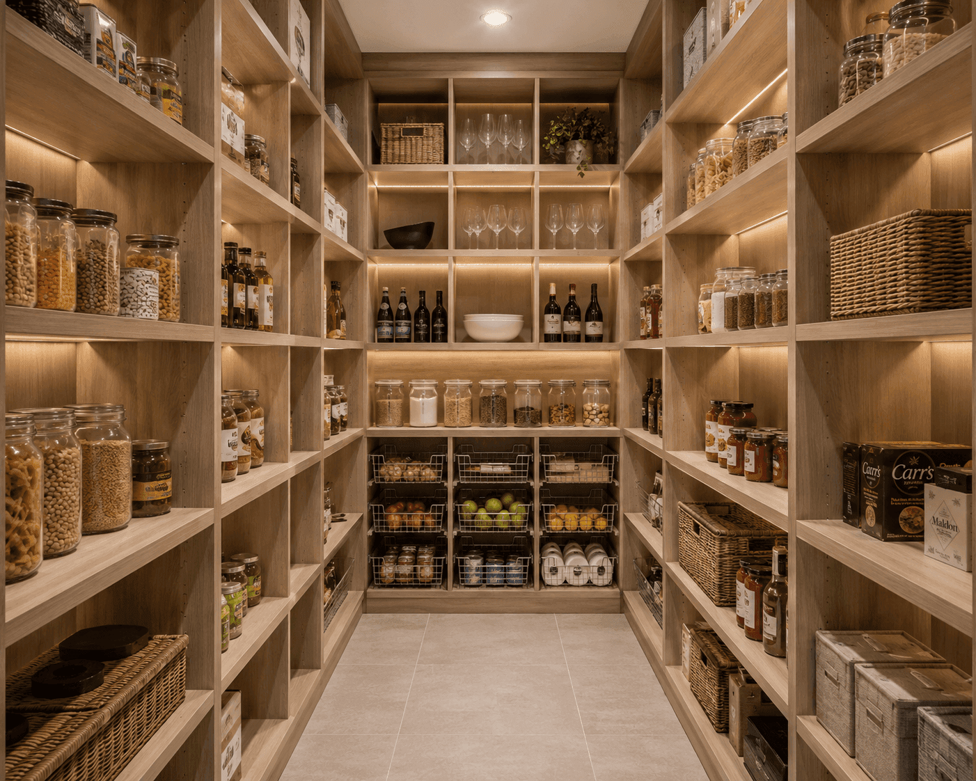Custom kitchen pantry with organized shelving by Cumming Closets