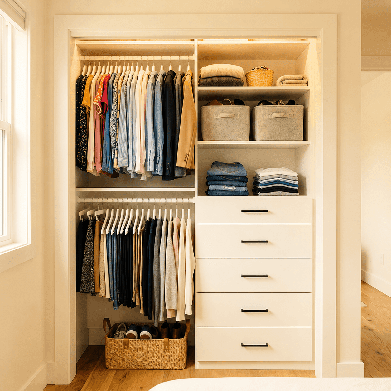 Custom reach-in closet with double-hung rods and adjustable shelving by Cumming Closets