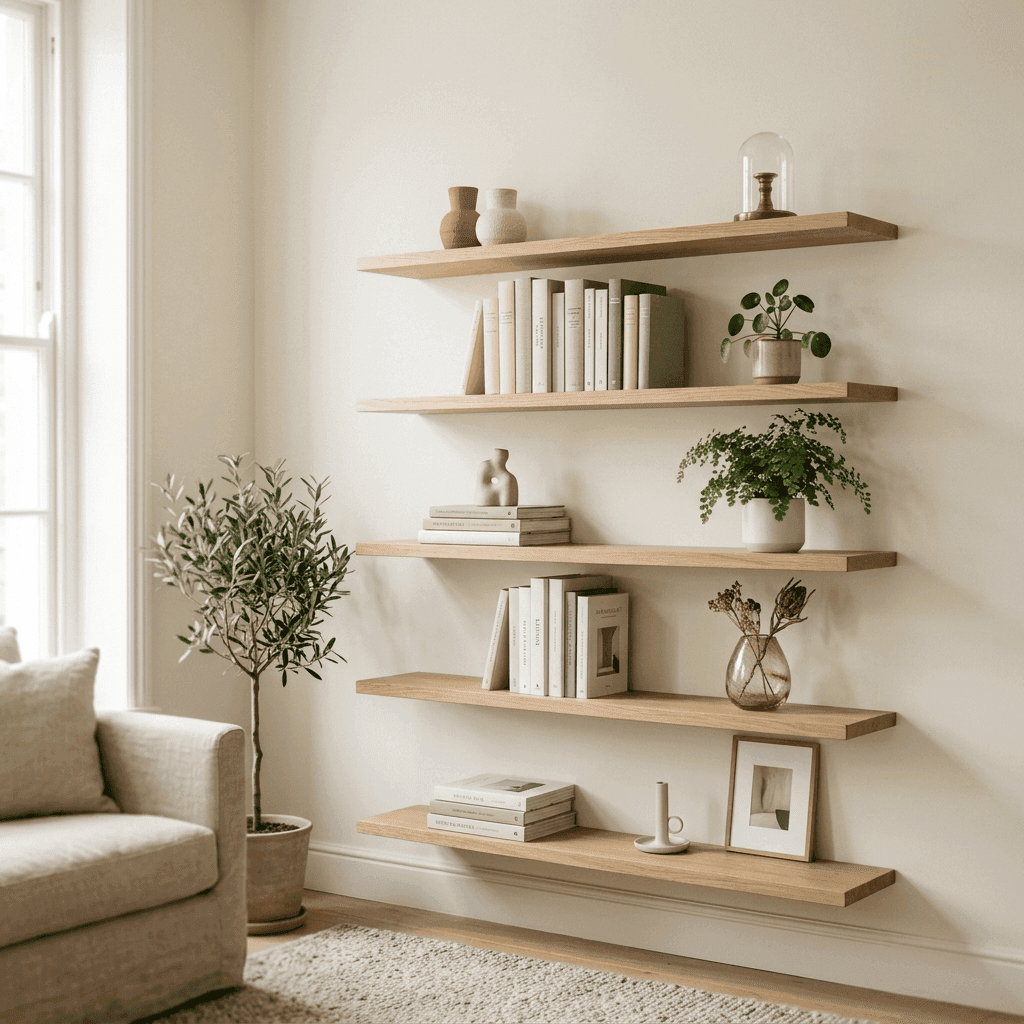 Custom floating shelves for decorative display by Cumming Closets