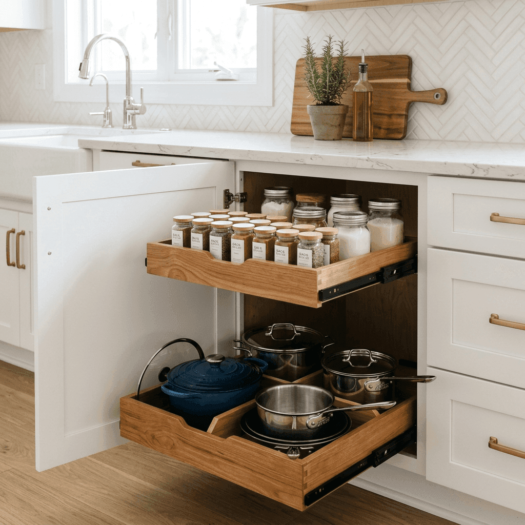 Pull-out shelf system for improved cabinet organization by Cumming Closets