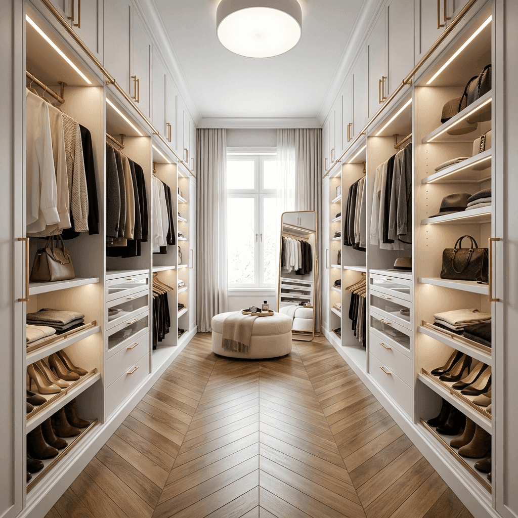 Custom walk-in closet showcasing premium storage solutions by Cumming Closets